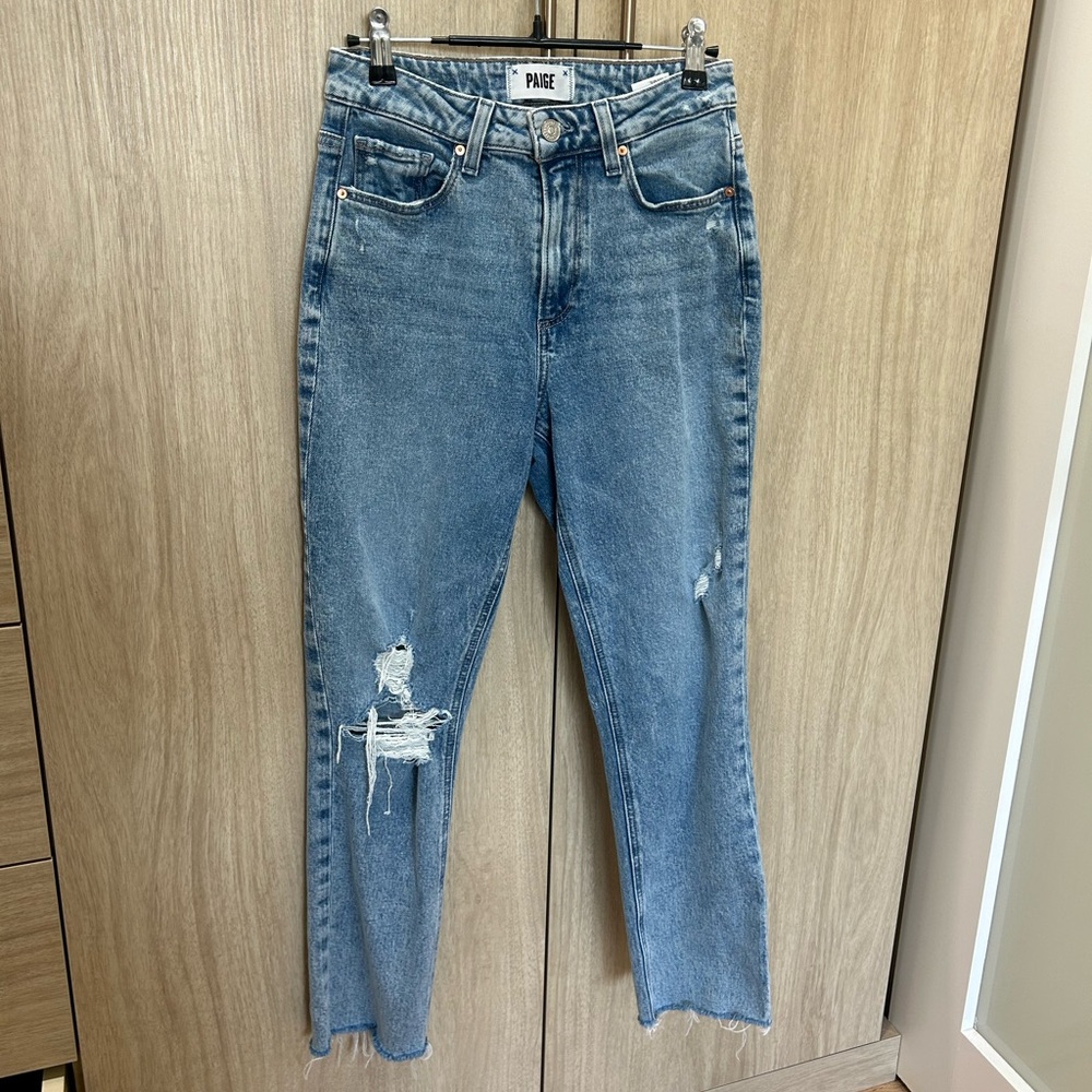 PAIGE Straight-Leg Distressed Light Blue Jeans
